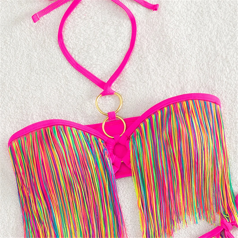 Rainbow Tassel Halter Neck Bikini