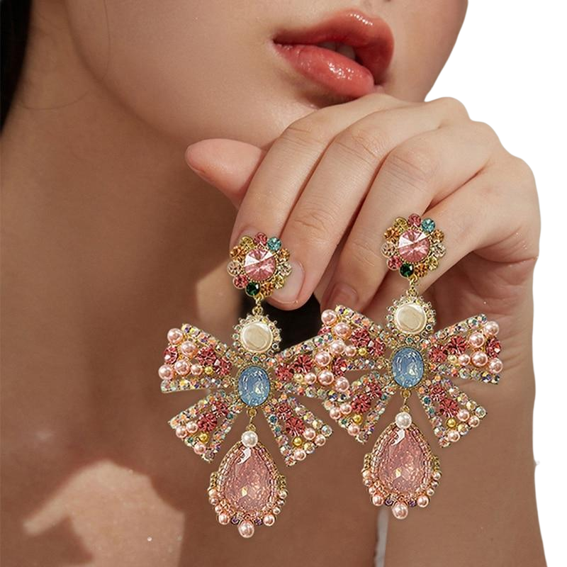 Pink Bowknot Rhinestone Earrings