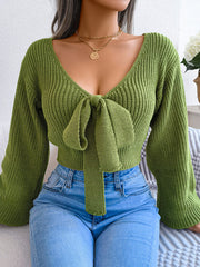 Women's Bow V-Neck Lantern Sleeve Crop Sweater