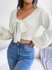 Women's Bow V-Neck Lantern Sleeve Crop Sweater